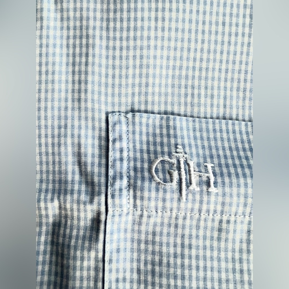 GIEVES & HAWKES Short Sleeve Light blue Shirt gingham embroidery Logo size 43/17 - Picture 3 of 12